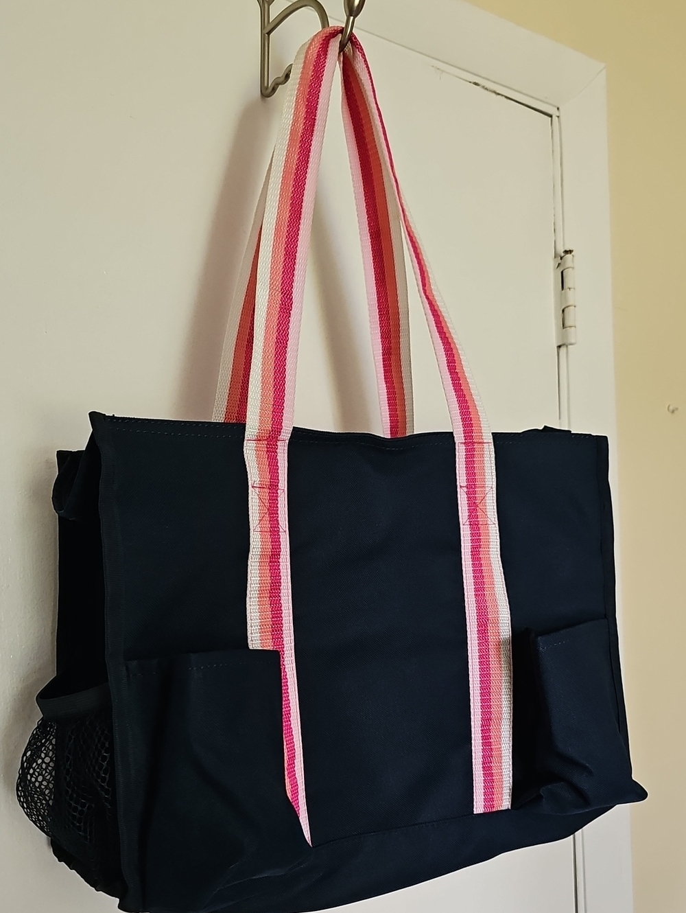 thirty-one Navy Tote with Pink and Cream Striped Handles